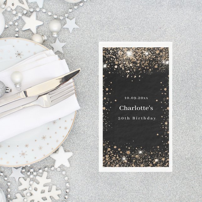 Birthday black gold glitter name napkin (Creator Uploaded)
