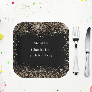 Birthday black gold glitter name paper plate