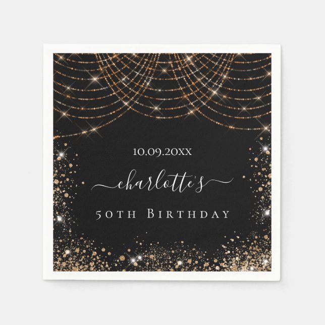Birthday black gold glitter name script elegant napkin (Front)