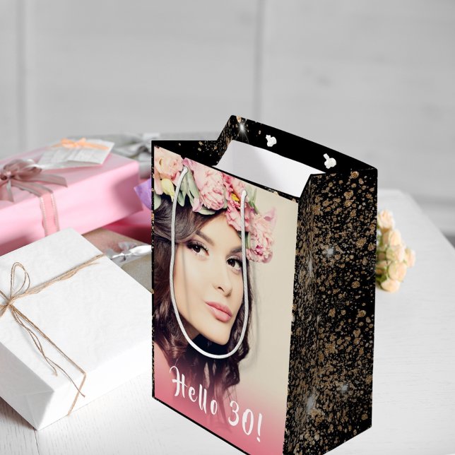 Birthday black gold glitter photo hello 30 medium gift bag (Creator Uploaded)