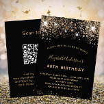 Birthday black gold glitter QR code RSVP Invitation<br><div class="desc">A modern, stylish and glamourous invitation for a 40th (or any age) birthday party. A black background decorated with faux glitter and sparkle. The name is written with a modern golden coloured hand lettered style script. Personalise and add your party details. Back: your QR code to your website for more...</div>