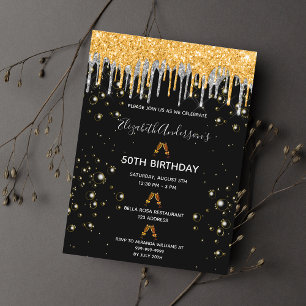 Birthday black gold glitter silver glam invitation postcard