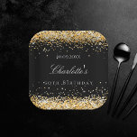 Birthday black gold glitter sparkles name elegant paper plate<br><div class="desc">For a glamourous 50th (or any age) birthday party. A stylish black background. Decorated with faux gold glitter,  sparkles.  Personalise and add a name and age 50. The name is written with a modern hand lettered style script.</div>