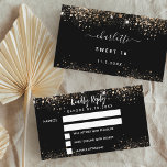 Birthday black gold glitter sparkles party RSVP Enclosure Card<br><div class="desc">A stylish black background,  decorated with faux gold glitter,  sparkles
On the front: Personalise and add the reply by date.
Back: add a name,  event and date of the event.</div>