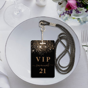 Birthday black gold glitter vip invitation ID badge