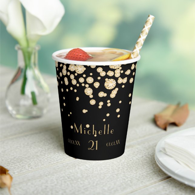 Birthday black gold monogram diamonds paper cups (Insitu)