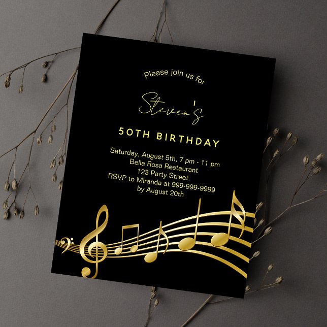 Birthday black gold music notes budget invitation flyer (Creator Uploaded)