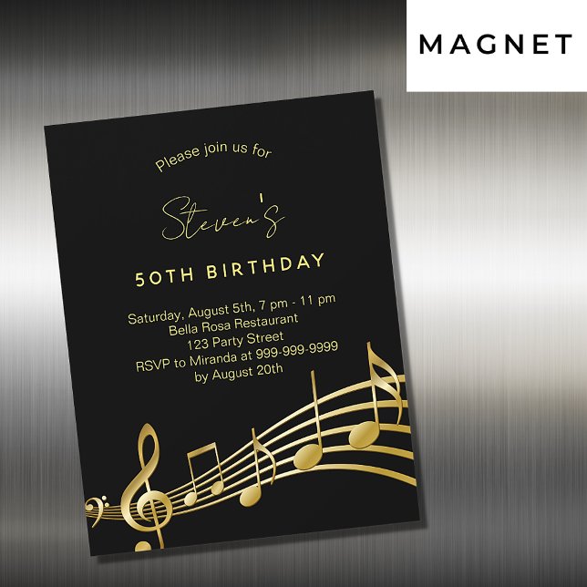 Birthday black gold music notes magnetic invitation (Creator Uploaded)