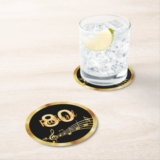 Birthday black gold music notes name round paper coaster (Insitu)