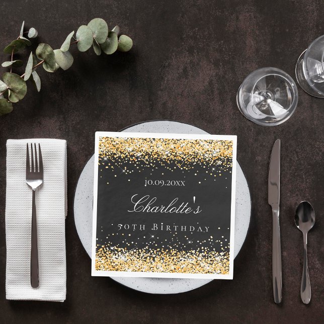 Birthday black gold name elegant luncheon napkin (Creator Uploaded)
