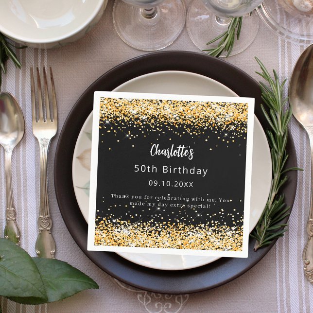 Birthday black gold name script text napkin (Creator Uploaded)