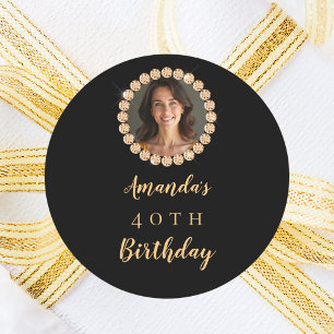 Birthday black gold photo diamonds classic round sticker