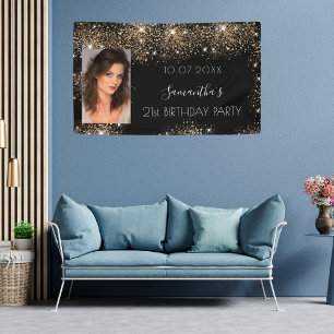 Birthday black gold photo glitter monogram banner
