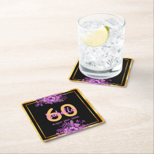 Birthday black gold purple florals name square paper coaster