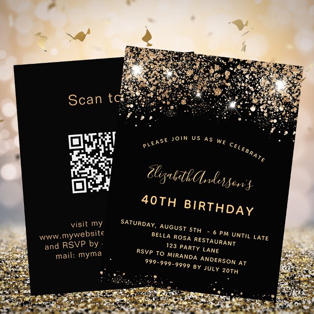 Birthday black gold QR code RSVP budget Invitation Flyer (Creator Uploaded)