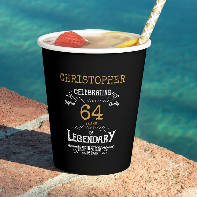Birthday Black Gold Retro Any Year Paper Cups (Black and gold personalized birthday party paper cups.)