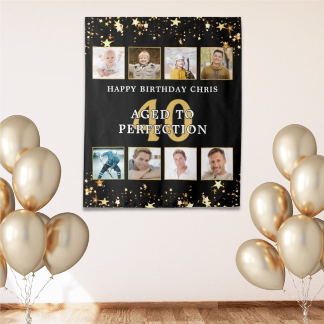 Birthday Black Gold Stars 8 Photo Personalised Tapestry (Creator Uploaded)