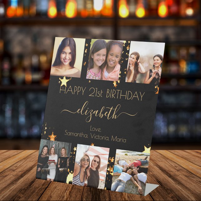 Birthday black gold stars best friends photo pedestal sign (Creator Uploaded)