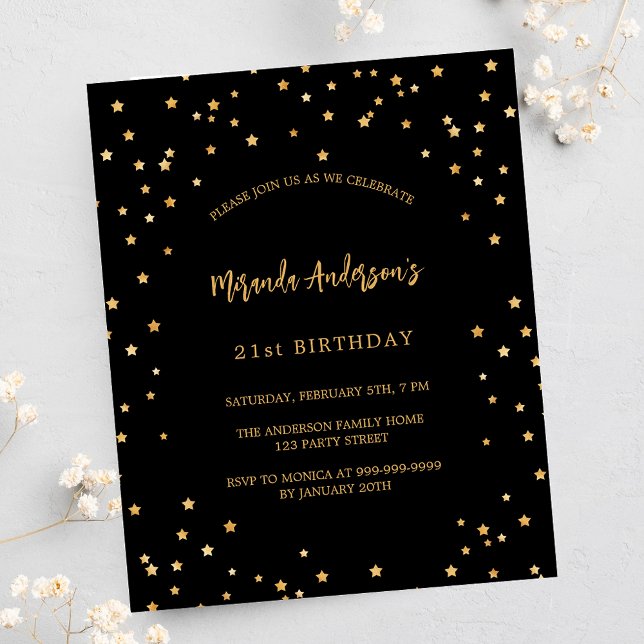 Birthday black gold stars budget party invitation (Creator Uploaded)