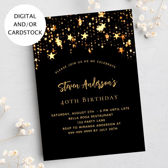 Birthday black gold stars elegant party invitation (Creator Uploaded)