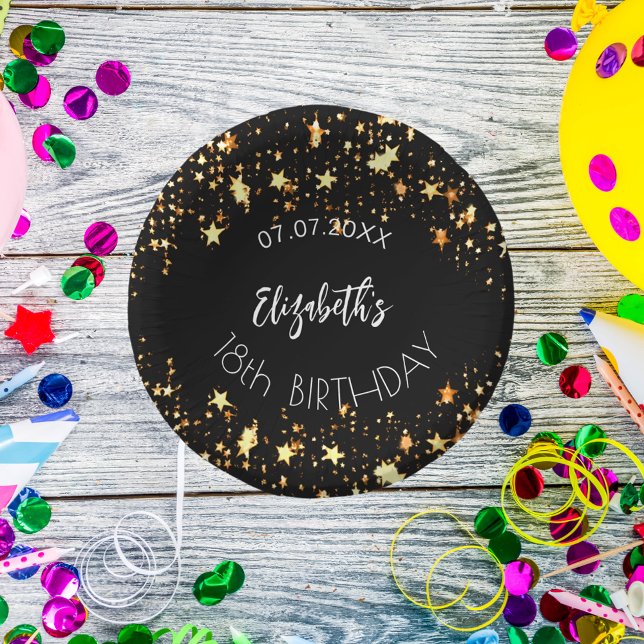 Birthday black gold stars name paper plate (Creator Uploaded)