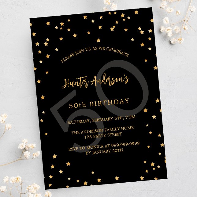 Birthday black gold stars number invitation (Creator Uploaded)