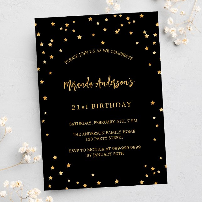 Birthday black gold stars party invitation postcard (Creator Uploaded)