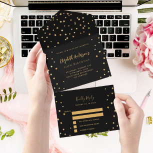Birthday black gold stars party RSVP All In One Invitation
