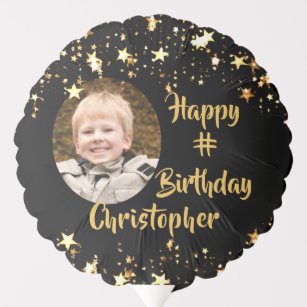 Birthday Black Gold Stars Photo Personalised Balloon