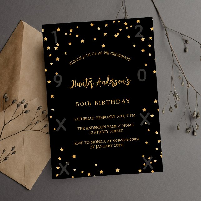 Birthday black gold stars years luxury invitation (Creator Uploaded)