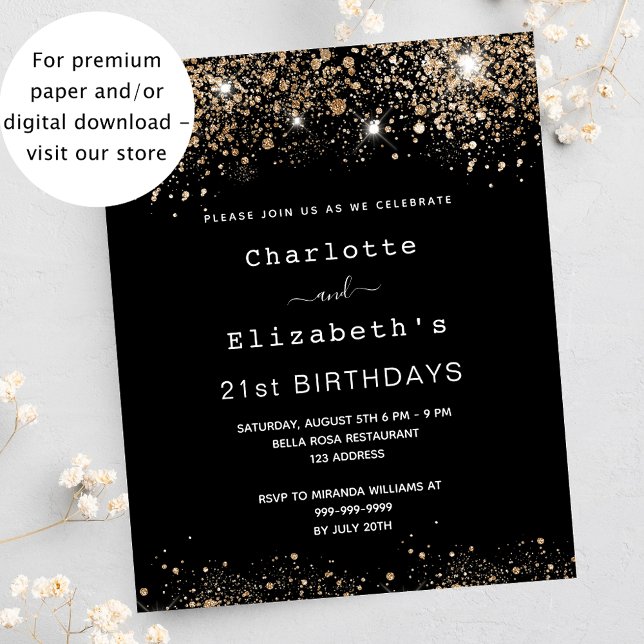 Birthday black gold two friends budget invitation (Creator Uploaded)