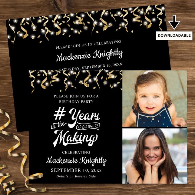 Birthday Black Gold YEARS IN THE MAKING 2 Photo Invitation (Creator Uploaded)