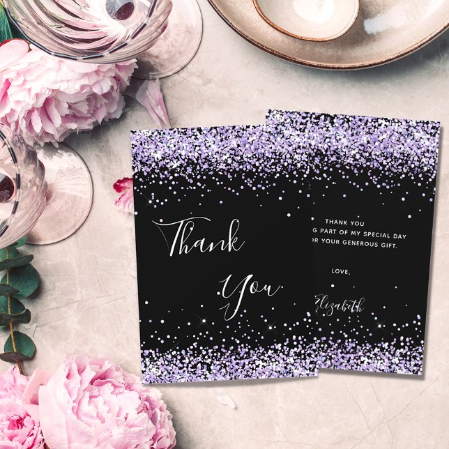 Birthday black lavender glitter thank you card (Creator Uploaded)