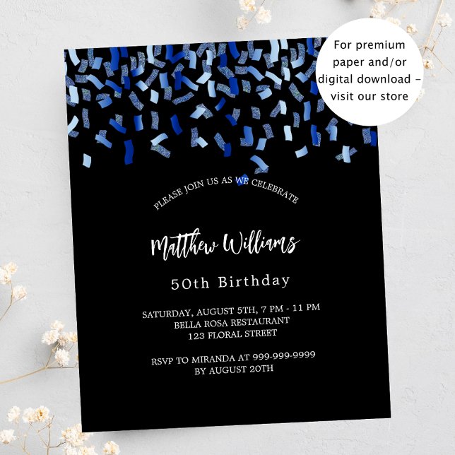 Birthday black navy blue budget invitation (Creator Uploaded)