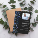 Birthday black navy blue photo premium invitation<br><div class="desc">A modern,  elegant and invitation.  A black background decorated with blue confetti.  Personalise and add photo,  a name and party details. White text.</div>