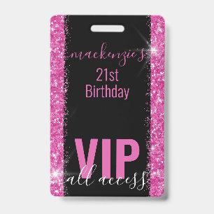 Birthday Black Pink Glitter VIP Party Invitation ID Badge