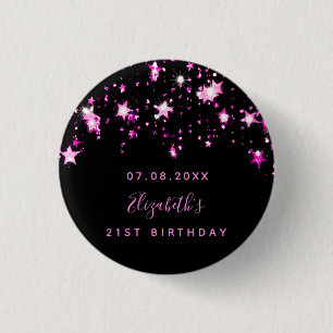 Birthday black pink stars name 3 cm round badge