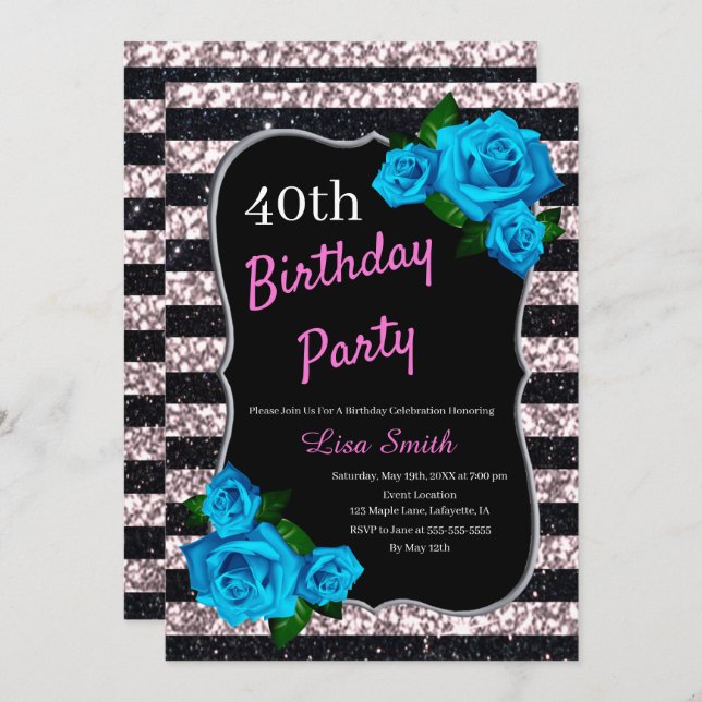 Birthday Black Pink Stripes Glitter Blue Roses Invitation (Front/Back)