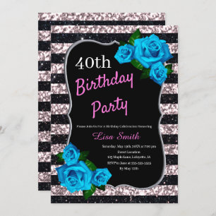 Birthday Black Pink Stripes Glitter Blue Roses Invitation