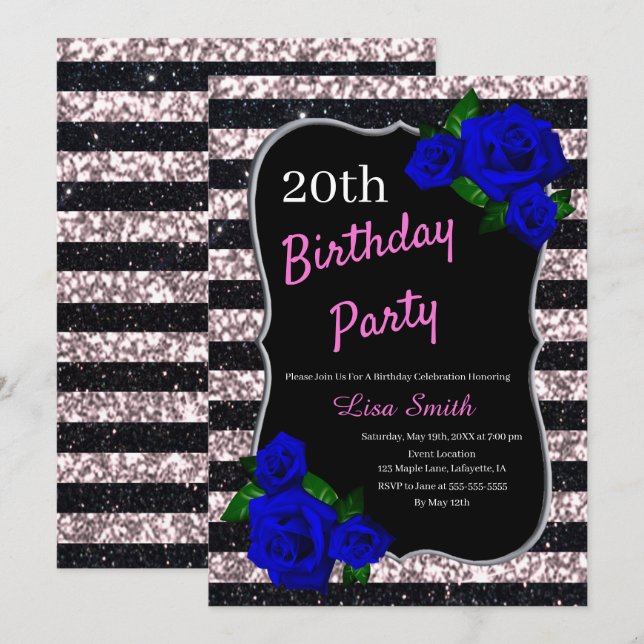 Birthday Black Pink Stripes Glitter Deep Blue Rose Invitation (Front/Back)