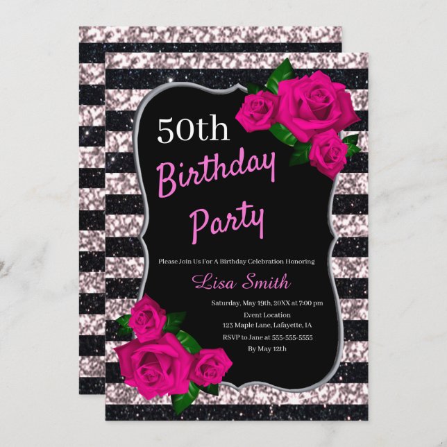 Birthday Black Pink Stripes Glitter Pink Roses Invitation (Front/Back)