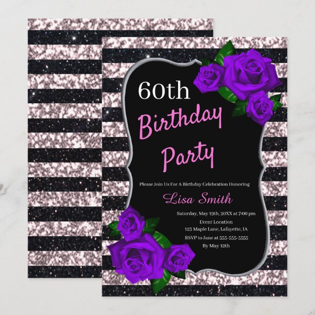 Birthday Black Pink Stripes Glitter Purple Roses Invitation (Front/Back)