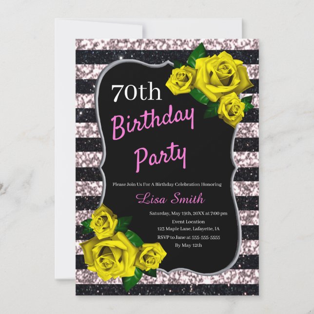 Birthday Black Pink Stripes Glitter Yellow Roses Invitation (Front)
