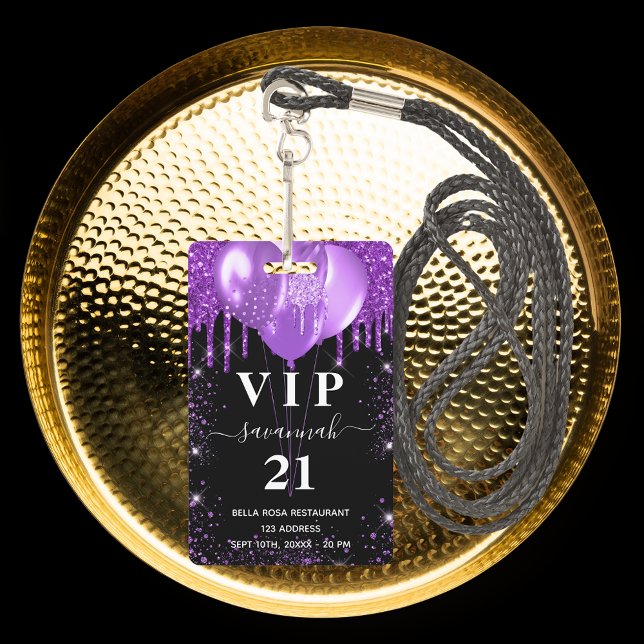 Birthday black purple balloon vip invitation ID badge (Creator Uploaded)