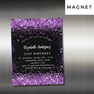 Birthday black purple confetti magnetic invitation