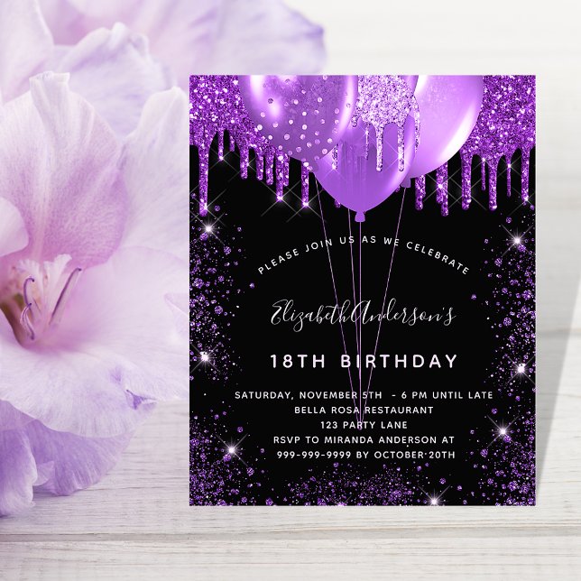 Birthday black purple glitter budget invitation flyer (Creator Uploaded)