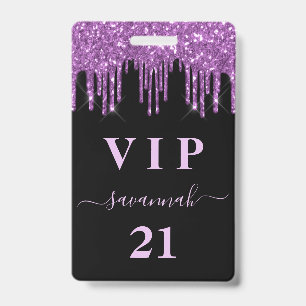 Birthday black purple glitter drips monogram vip ID badge