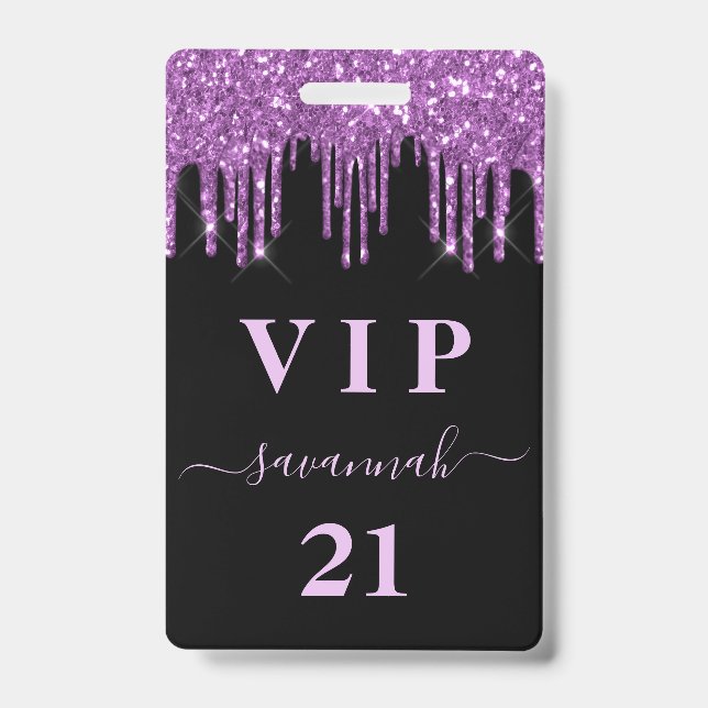 Birthday black purple glitter drips monogram vip ID badge (Front)