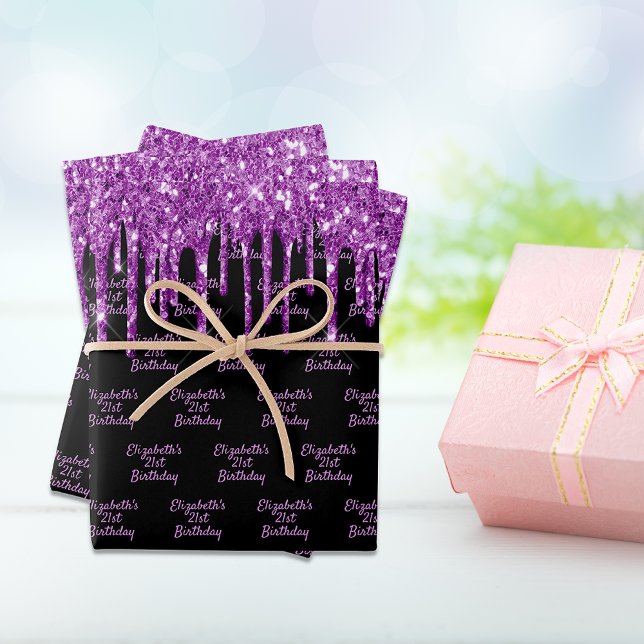 Birthday black purple glitter drips name glam wrapping paper sheet (Creator Uploaded)