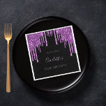 Birthday black purple glitter drips name napkin<br><div class="desc">For a trendy and glamorous 50th (or any age) birthday party. A classic black background decorated with dark purple colored faux glitter drips, paint dripping look. With the text: 50th birthday. Personalize and add a name and a date. Purple colored text. The name is written with a modern hand lettered...</div>